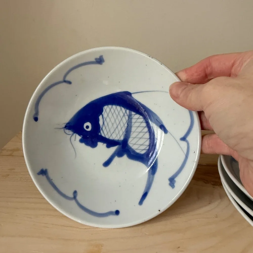 Vintage Chinese Porcelain Blue Fish Bowl & Plate Set of 4 Made in China